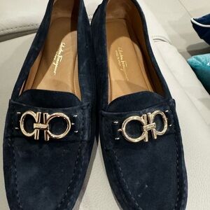 Salvatore Ferragamo Navy Suede Gancini Bit Loafers